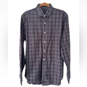 J. Crew Mens Gray Plaid Button Up Cotton Flex Slim Fit Wrinkle Free, Medium, EUC